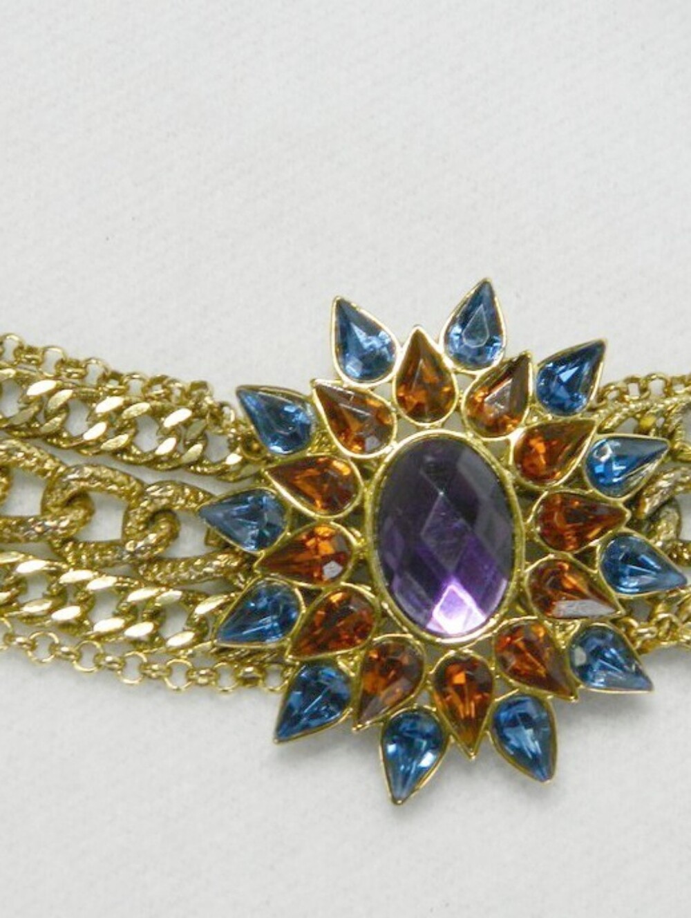 Retro Gold-Tone Multicolor Rhinestone Sunburst Bracelet - Purple Center